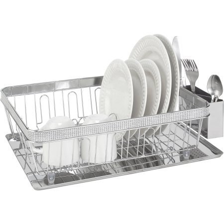 Kitchen Details Dish Rack with Cup and Tray with Pave Diamond Design in Chrome