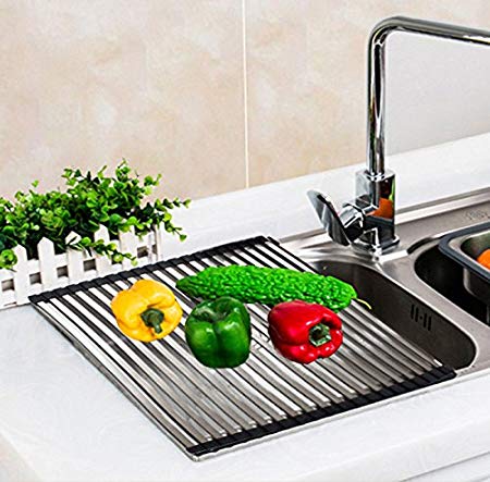 Kaleep Over the Sink Multipurpose Roll-Up Dish Drying Rack, Stainless Steel Foldable Sink Drainer, Dish, Fruits and Vegetables Drying Rack ,18.5