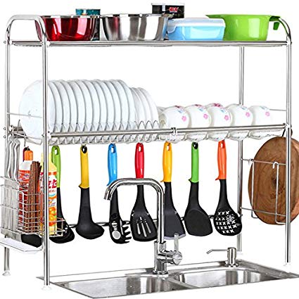 2-Tier SUS304 Stainless Steel Adjustable Dish Drying Rack Utensil Holder,Over the Sink Kitchen Storage Shelf (Double Groove)