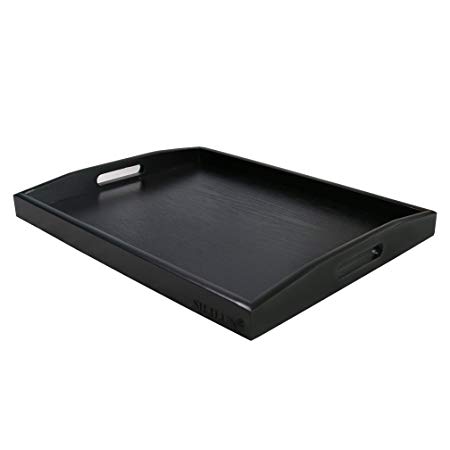 SILILUN Serving Tray Black Large Food Tray Breakfast Tray Wood Butler Tray With Handle 17.77 x 13.72 x 1.78