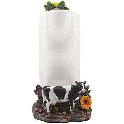 Decorative Holstein Cow Paper Towel Holder Display Stand with Sunflower Accents for Countertop Rustic Country Kitchen Décor As Farm Animal Gifts for Farmers