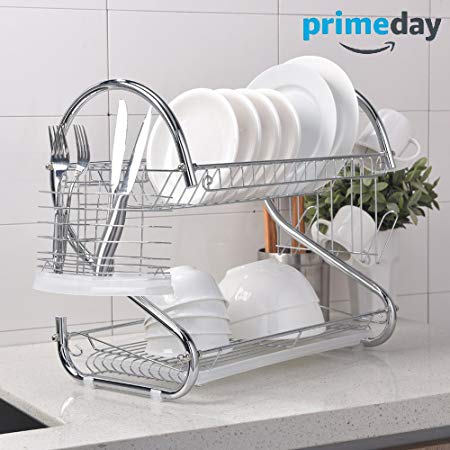 Wtape Modern Kitchen 2-Tier Chrome Dish Drying Rack, Dish Rack With Cultery Cup Holder Drainboard