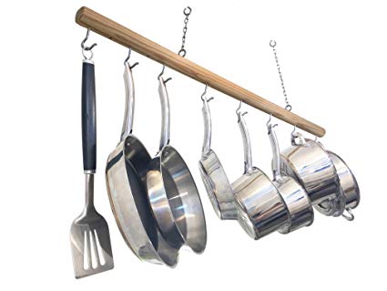 Pine And Stainless Steel Adjustable 8 Pot And Pan Hanging Rack, 46