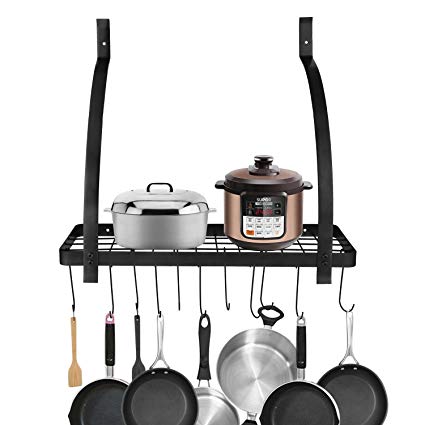 Opino Kitchen Wall Pot Storage Rack with Hook Cookware Utensils Pan Shelf Organizer(US Stock) (Black)