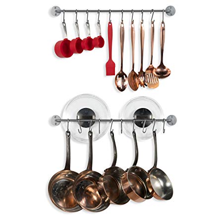 WALLNITURE Kitchen Pot Pan Lid Rack with Hanging Hooks Gourmet Steel Silver 24 Inch Set of 2