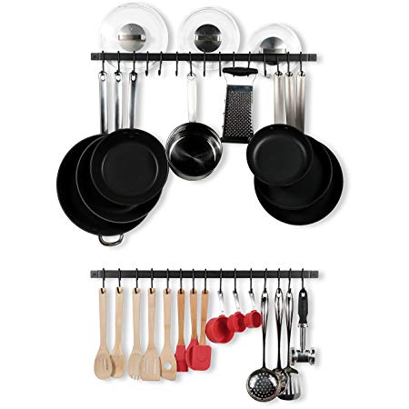 WALLNITURE Kitchen Rail Organizer Iron Hanging Utensils Rack with Hooks Frosty Black 30 Inch Set of 2