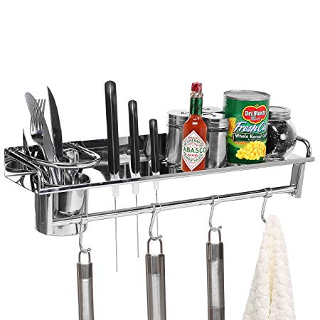 Chrome Wall Mounted Kitchen Spice Rack w/ Utensil / Pot / Pan Hanger Hooks, Silverware Caddy, Knife Slots