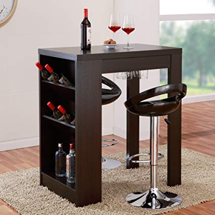 Hokku Designs Geardo Wine Bar Table & Server Home Furniture & Decor with Integrated Metal Racks Accommodate up to 9 Standard Size Glasses, 3 Side Shelves That Can Hold up to 18 Bottles - Rich Cappuccino Finish