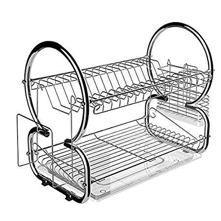 2 Tier Dish Rack Stainless Steel Dish Drying Rack With Removable Plastic Draining Tray（Silver）