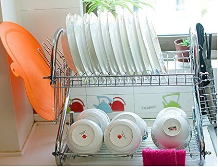 loukou 2 Tier Stainless Steel Dish Rack, Space Saved Kitchen Dish Cup Drying Rack Drainer Dryer