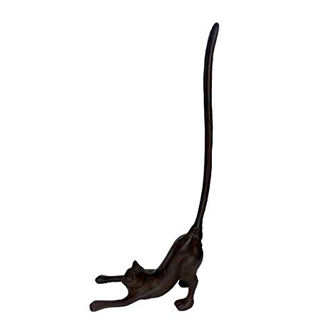 Stretching Cat Yoga Cast Iron Animal Paper Towel Holder Bath Tissue Toilet Roll Jewelry Organizer Free-Standing Bronze Rustic Decor 18-inch