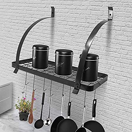 Fashine Kitchen Wall Pot Storage Rack with Hook Dish Plate Bowl Pan Shelf Organizer (A-Black)