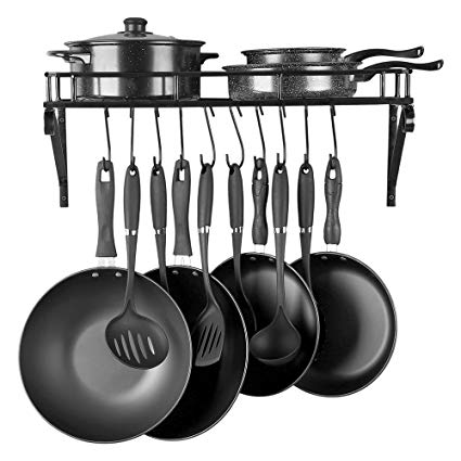 Kitchen Wall Mounted Pot Pan Rack CookwareWith 10 Hooks-Large Capacity（Black）