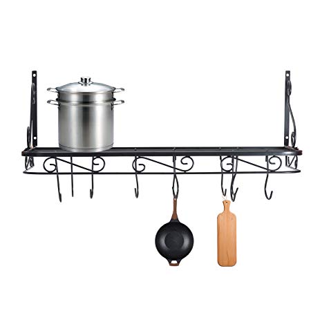 Wall Mounted Pots and Pans Rack. Pot Holders Wall Shelves with 12 Hooks. Kitchen Shelves Wall Mounted with Wall Hooks. Kitchen Storage Pot Holder Pot Rack. Pot Pan Organizer. Pot Pan Rack