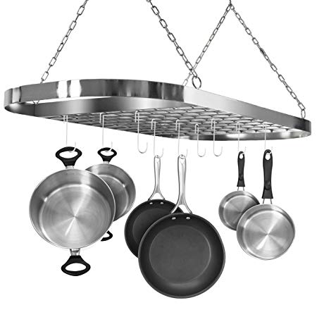 Sorbus Pot and Pan Rack for Ceiling with Hooks — Decorative Oval Mounted Storage Rack — Multi-Purpose Organizer for Home, Restaurant, Kitchen Cookware, Utensils, Books, Household (Hanging Chrome)