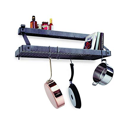 Enclume Premier Bookshelf Wall Pot Rack with Shelf, Hammered Steel