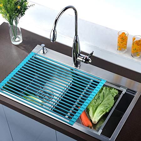 Roll-Up Dish Drying Rack , Over the Sink Kitchen Drainer Multipurpose Foldable Kitchen Dish Drainer Rack (Blue)