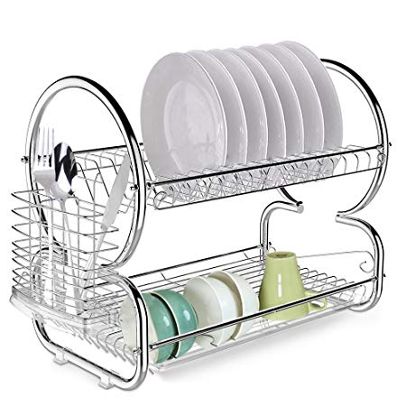 2-Tier Dish Rack Drainer Kitchen Storage Stainless Steel Space Saver Dish Drying Rack