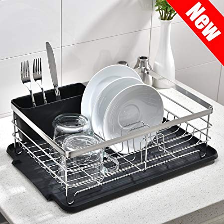 POPILION Quality Kitchen Sink Side Draining Chrome Stainless Steel Dish Drying Rack,Dish Rack With Black Drainboard