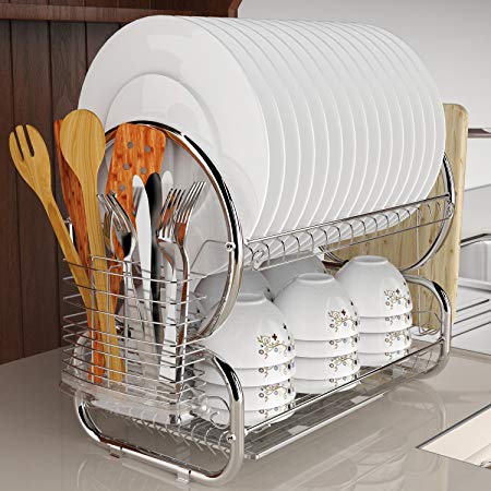 Stainless Steel 2 Tier Dish Rack Kitchen Cup Drainer Rack With Removable Plastic Drainboard (Sliver)