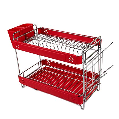 EVELYNE GMT-10217 Kitchen Counter-top Double Deck Dish Drying Wire Rack with Drainer and Utensils Holders Red