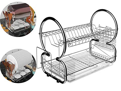 Meflying 2-Tier Dish Rack, Stainless Steel Dish Rack Drain Board Drainer Dryer Tray Holder For Glass Cup Home Kitchen(US STOCK)