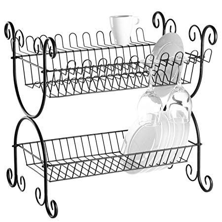 2-Tier Scrollwork Design Matte Black Metal Counter Dish Drying Rack Organizer