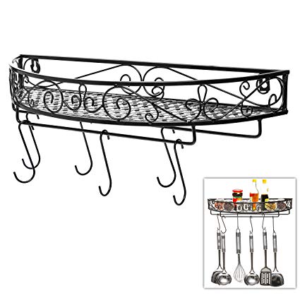 Scrollwork Design Wall Mounted Black Metal Pot Hanger / Cooking Utensils Rack / Kitchen Shelf - MyGift