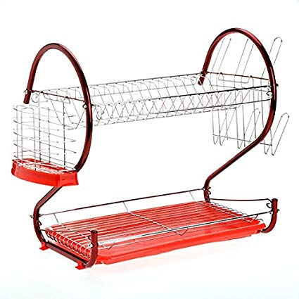 Asatr 2 Tier Kitchen Sinkware Dish Rack, Dish Rack Premium Stainless Steel Dish Drainer Drying Rack Holder with Draining Tray 17L x 10W x 15H Inches (US STOCK) Red