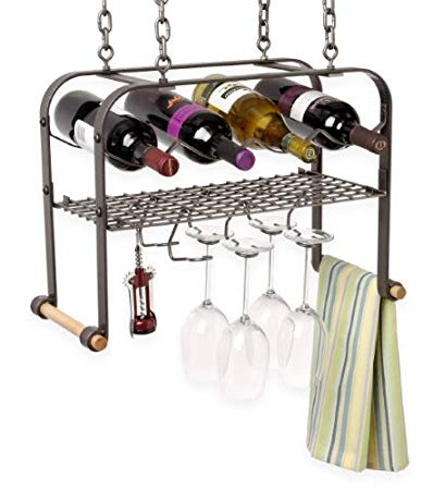 Enclume Hanging Wine, Glass, and Accessories Rack, Hammered Steel