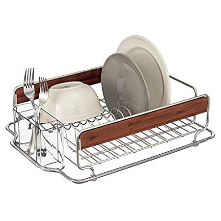 mDesign Kitchen Dish Drainer Rack for Drying Glasses, Silverware, Bowls, Plates - Satin/Cherry Finish Bamboo