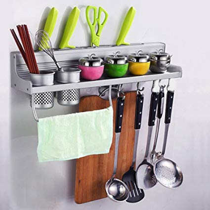 World Pride Multifunctional Simple Design Aluminum Wall Hanging Kitchen Rack with Hooks for Kitchen Organization,Silver