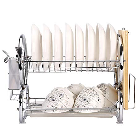 Corodo Dish Rack with DrainBoard, 2-Tier Chrome Plating Iron Dish Drying Rack with Forks or Knives and Cutting Board Holder