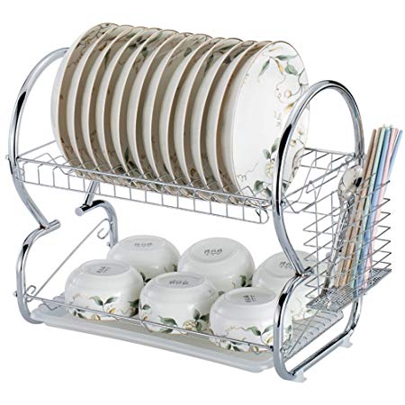 Dtemple 2-Tier Stainless Steel Dish Drying Rack Kitchen Cup Tray Cutlery Dish Drainer with Drain Board 17.2