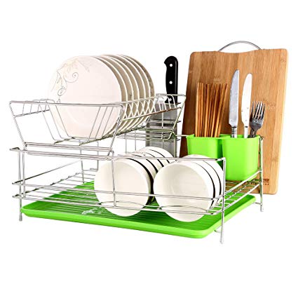 okdeals 2 Tier Stainless Steel Dish Drying Rack With Tray,Enamel Utensil Holder,Plates Organizer Drainer With Removable Utensil Cup for Kitchen Counter