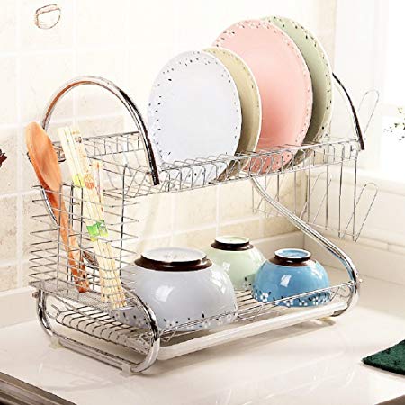 Dish Drainer Stainless Steel 2 Tier Dish Drying Rack with Removable Drainboard / Essential Supplies for Every Kitchen (Silver-S Shape)