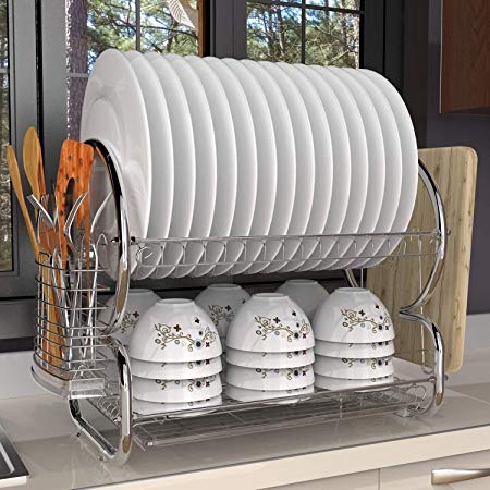 Kitchen 2-Tiers Dish Drainer Drying Rack Storage with Drain Board Drip Tray, Utensil Cup Cutlery Plate Chopstick Chopping Block Holder Organizer