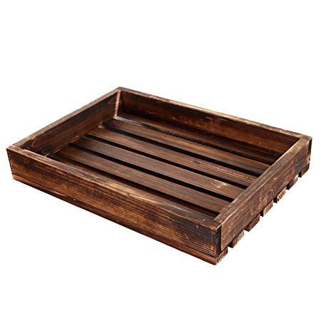 Country Rustic Style Wood Slat Breakfast Serving Tray, Rectangular Display Stand, Dark Brown