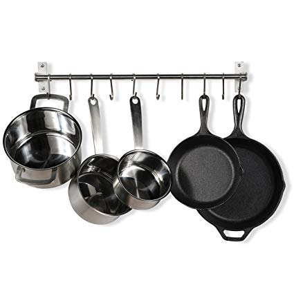 Stainless Steel Gourmet Kitchen 23.25 Inch Wall Rail Pot Pan Utensil Lid Rack Storage Organizer with 10 S Hooks