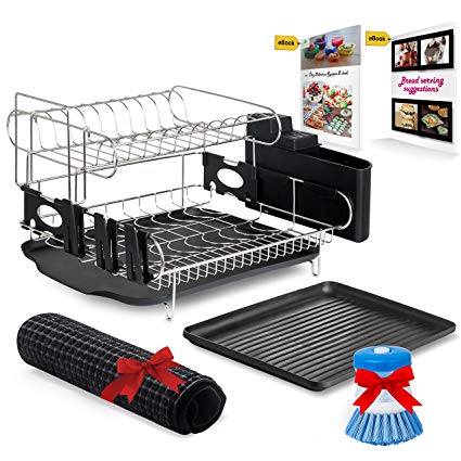 Customizable Two-Tier Dish Rack - Stainless Steel Professional Drainer for Counter or Over the Sink with Drain Board, Microfiber Mat, Dispensing Dish Brush - Includes 2 FREE E-books and Mobile Stand