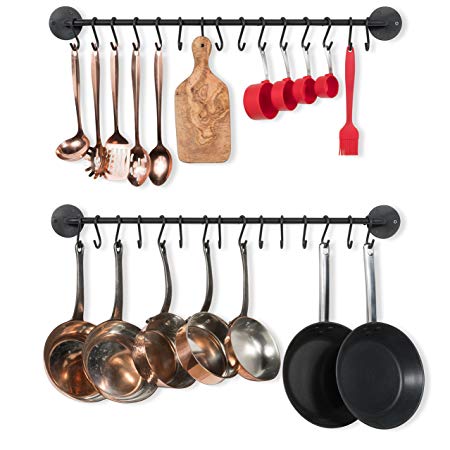 Wallniture Kitchen Pot Racks, Set of 2 Wall Rails + 20 Hooks, Solid Iron, 33