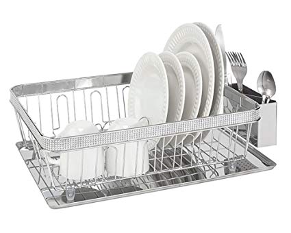 Kitchen Details Diamond Pave Dish Rack With Cup & Tray, Chrome, 17.7x13.5x5.3 Inches