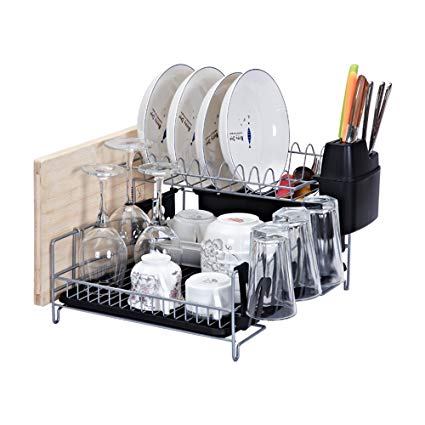 Kitchen Dish Rack, Stainless Steel 2-Tier Dish Rack with Drainboard,Utensil Holder, Knife Holder Attachment,3 Cup Holder Attachments,Cutting Board Attachment