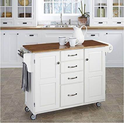 Create-A-Cart White Finish Kitchen Cart Has 4 Drawers, 2 Cabinets, Spice Rack, Towel Bar, Paper Towel Holder and Oak Top.