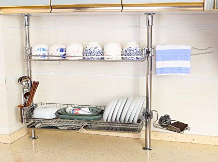 Adjustable 2 Tier Stainless Steel Dish Drying Rack Set - Include Utensils Holder, Drain Drip Tray, Towel Bar, Sponge Holder - Screw Free Design - By ESYLIFE