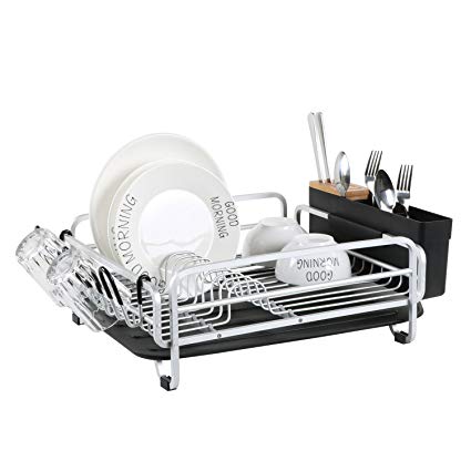 Aluminum Dish Drying Rack with Large Storage Cutlery Holder,Removable Drainer tray & Bamboo Cover & Cup Holder for Kitchen (Black)111913