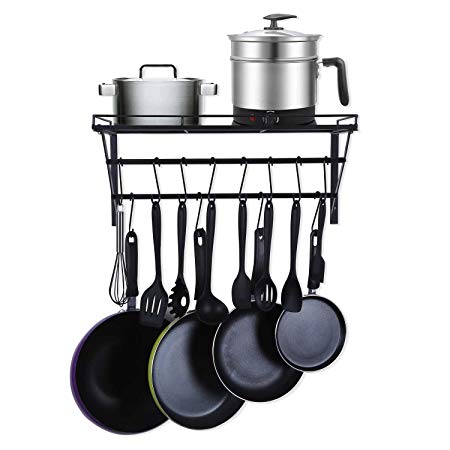 Oropy Wall Mount Hanging Pot Rack Steel Cookware Organizer with Storage Shelf 12 S Hooks included, Ideal for Pans, Utensils, Books, Plant