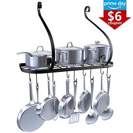 VDOMUS Wall Mount Pot Pan Rack, Kitchen Cookware Storage Organizer, 24 by 10 in with 10 Hooks, Black