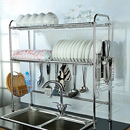 NEX 2-Tier Stainless Steel Dish Rack Nonslip Height Adjustable with Chopstick Holder (Double Groove)