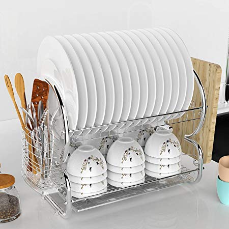 2 Tier Heavy Duty Stainless Steel Drying Rack Non-rust Holder Dish Rack Holder Set with Accessory Drain Board for Spoon Dish Cup Chopsticks for Home Kitchen[ARRIVE in 3-7 DAYS]